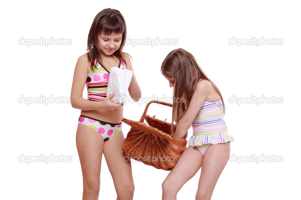 girls with basket on white