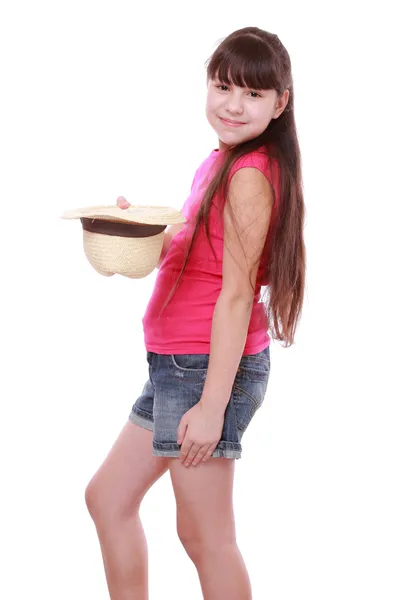 Girl with straw hat — Stock Photo, Image