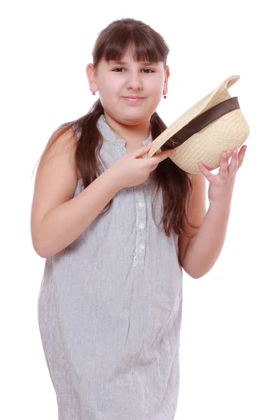 Mädchen Mit Strohhut Auf Weißem Hintergrund — Stockfoto