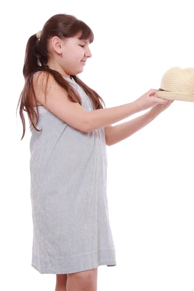 Menina Com Chapéu Palha Fundo Branco — Fotografia de Stock