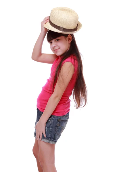 Menina Com Chapéu Palha Fundo Branco — Fotografia de Stock