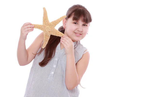 Little Girl Holding Starfish White Background — Stock Photo, Image