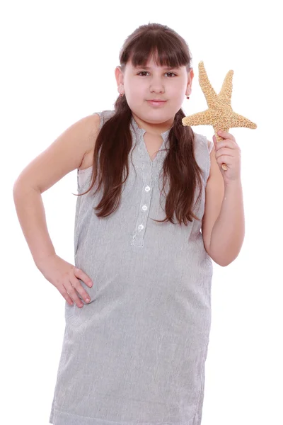 Little Girl Holding Starfish White Background — Stock Photo, Image