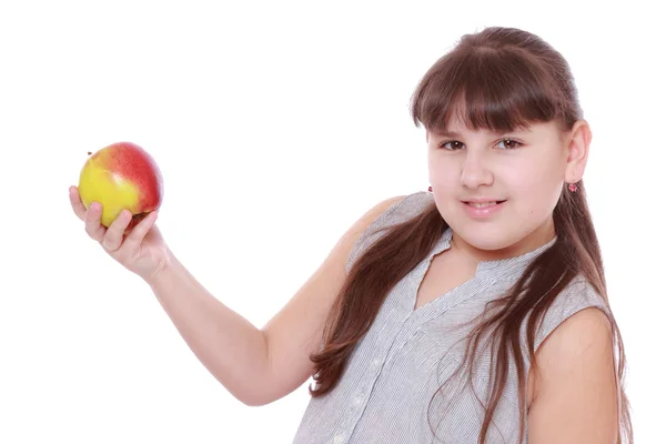 Chica Con Manzana Sobre Fondo Blanco —  Fotos de Stock