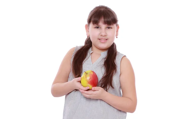 Menina Com Maçã Fundo Branco — Fotografia de Stock