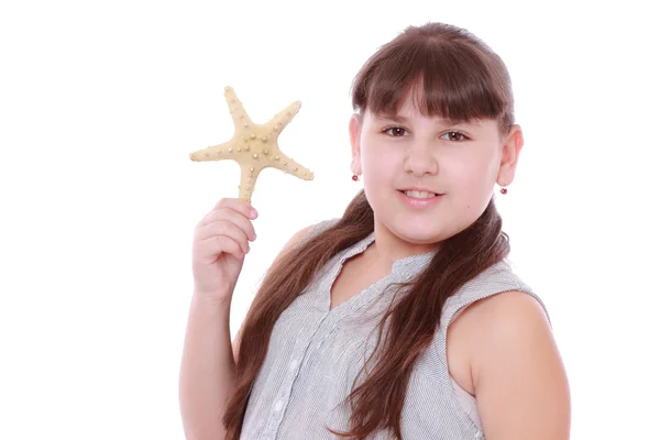 Klein Meisje Houden Ster Vis Witte Achtergrond — Stockfoto