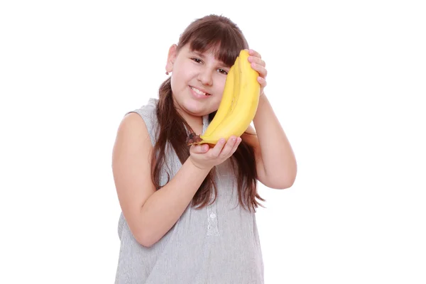 Mädchen Mit Gelben Bananen Auf Weißem Hintergrund — Stockfoto