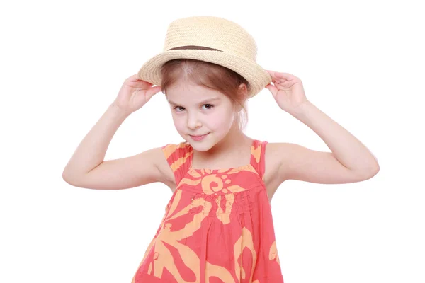 Girl in dress and straw hat — Stock Photo, Image