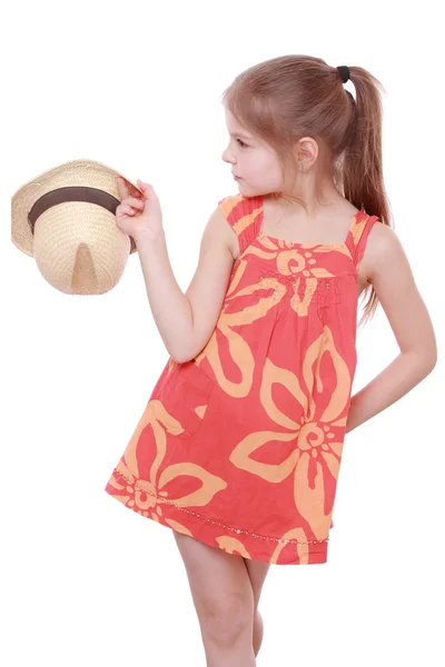 Girl in summer dress and straw hat — Stock Photo, Image