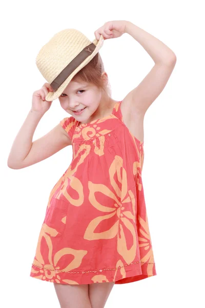 夏天的连衣裙和草帽的女孩 — 图库照片