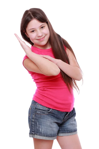 Jovem Bonita Feliz Posa Para Uma Foto — Fotografia de Stock