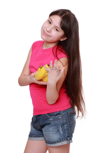 Smiley Glad Liten Flicka Anläggning Gula Bananer — Stockfoto