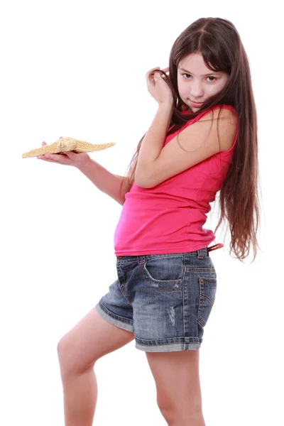 Girl holding big seastar — Stock Photo, Image