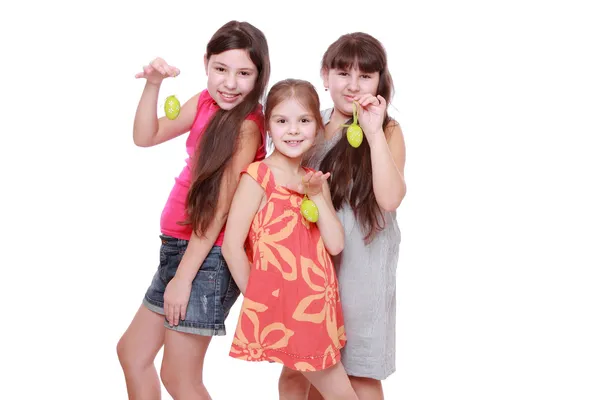 Cheerful Little Girls Holding Colorful Eggs Easter — Stock Photo, Image