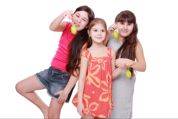 Cheerful Little Girls Holding Colorful Eggs Easter — Stock Photo, Image