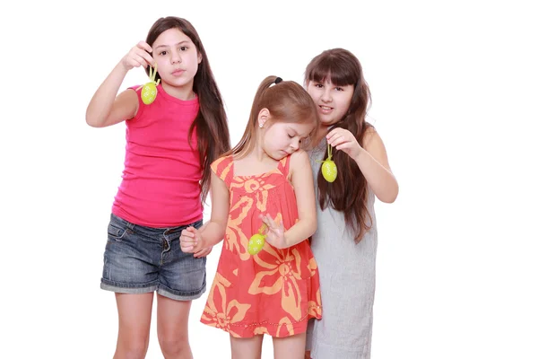 Cheerful Little Girls Holding Colorful Eggs Easter — Stock Photo, Image