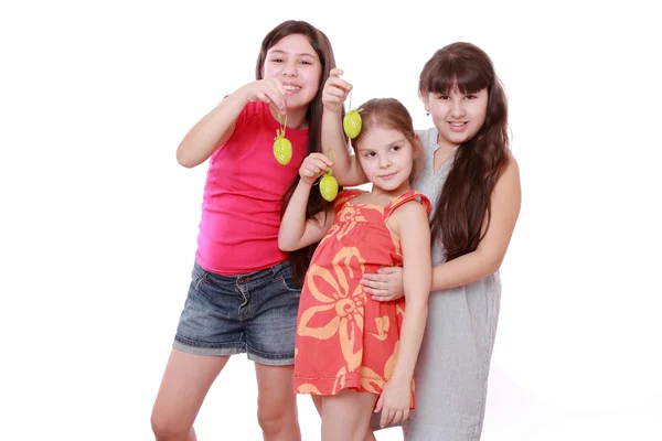 Cheerful Little Girls Holding Colorful Eggs Easter — Stock Photo, Image