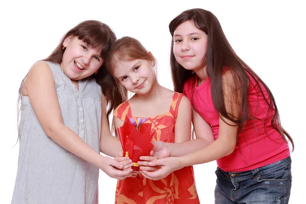 Cheerful Little Girls Holding Spring Flower Pot — Stock Photo, Image