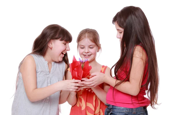 Girls holding spring flower in pot — Stock Photo, Image