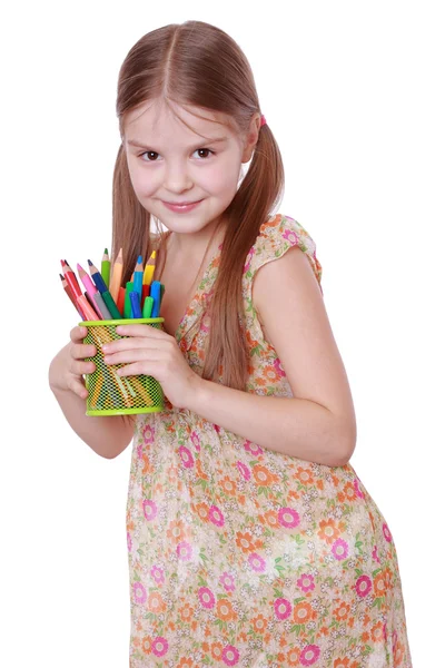 Girl with colorful pencils — Stock Photo, Image