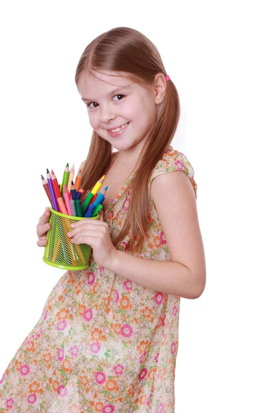 Girl with colorful pencils — Stock Photo, Image