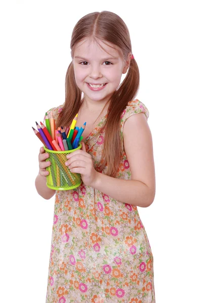 Girl with colorful pencils — Stock Photo, Image