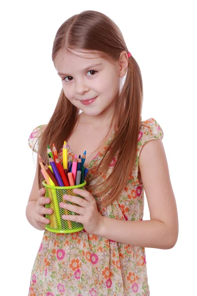 Girl with colorful pencils — Stock Photo, Image