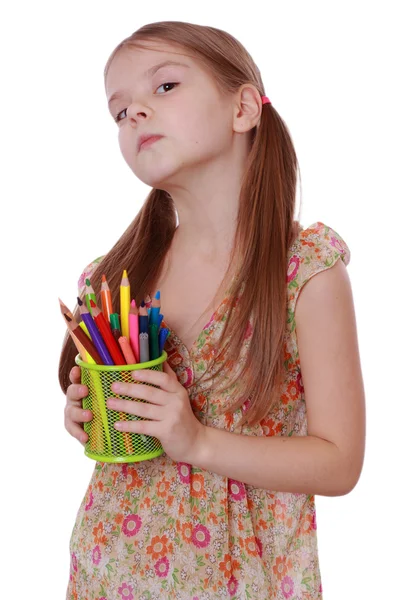 Menina com lápis coloridos — Fotografia de Stock