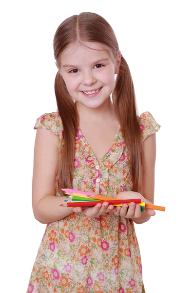 Girl with colorful pencils — Stock Photo, Image