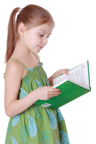 Ragazza in possesso di grande libro verde — Foto Stock