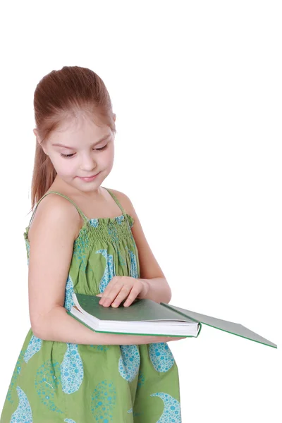 Meisje bedrijf groene grote boek — Stockfoto