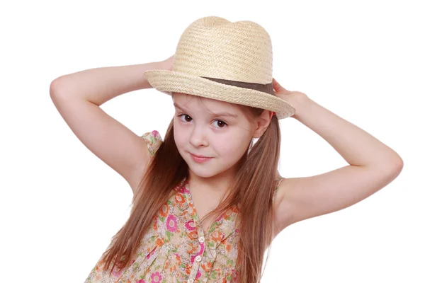 Girl wearing dress and straw hat — Stock Photo, Image