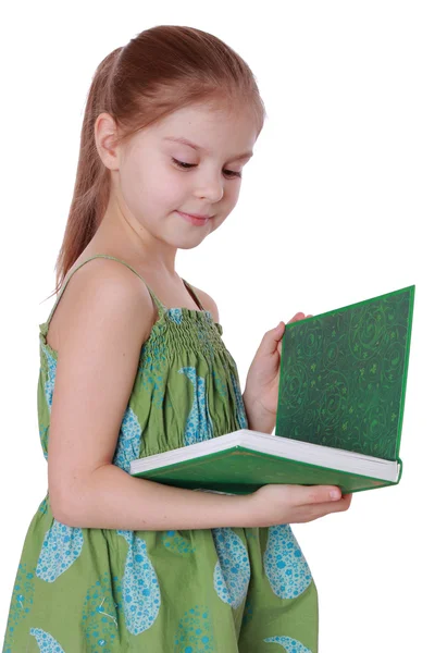 Niña con libro verde — Foto de Stock