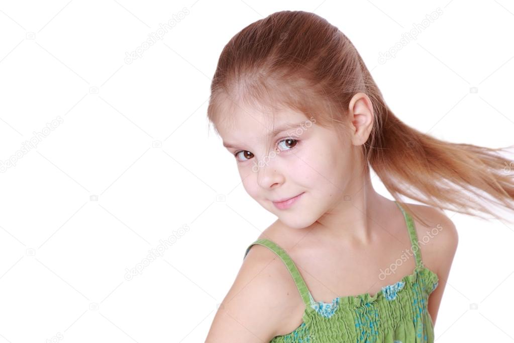 Cute Little Girl With Hairstyle Ponytails Stock Photo