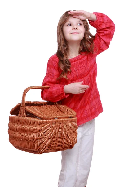 Lilla söta tjejen håller en picknickkorg — Stockfoto