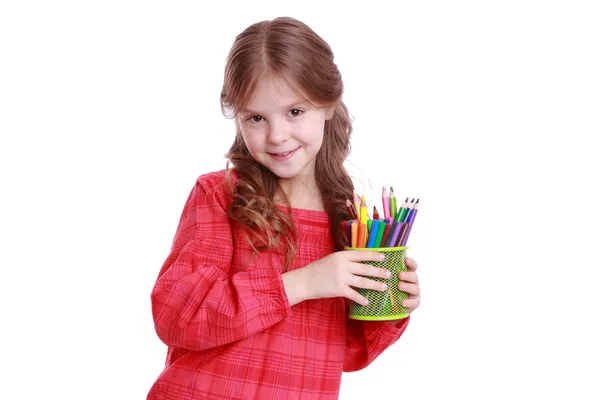 Menina encantadora segurando lápis — Fotografia de Stock