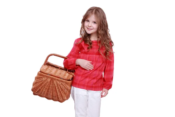 Chica sosteniendo una cesta de picnic — Foto de Stock
