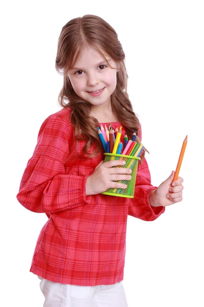 Lille pige med farvede blyanter - Stock-foto