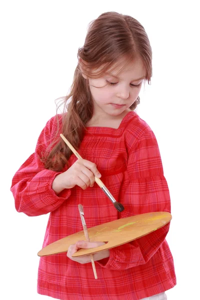 Girl with paintbrush and palette — Stock Photo, Image
