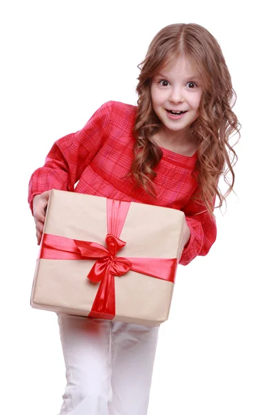 Little girl holding present box — Stock Photo, Image