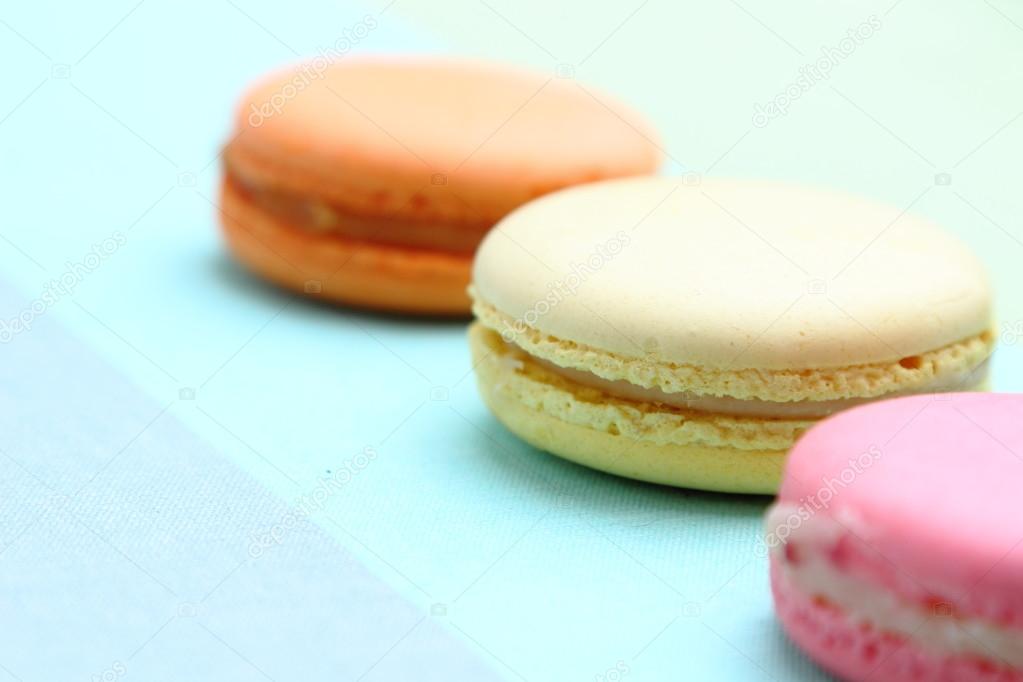 Three Tasty sweet colorful macarons