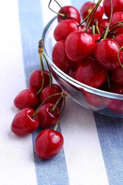 Red Cherries Blue Tablecloth — Stock Photo, Image