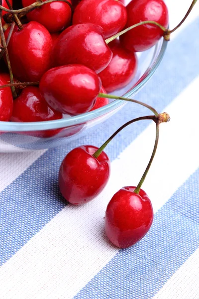 Red Cherries Blue Tablecloth — Stock Photo, Image