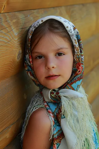 Outdoor Image Beautiful Smiley Little Girl Wearing Pavloposadsky Scarf Wooden — Stock Photo, Image