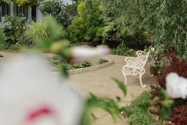 Bella Panca Vintage Nel Giardino Estivo Vicino Allo Stagno Con — Foto Stock