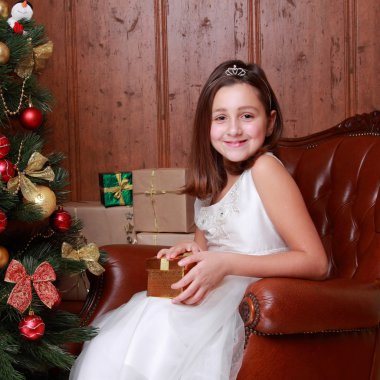 Elbise Prenses tatil Tema Noel ağacının etrafında güzel küçük bir kız portresi