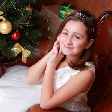 Elbise Prenses tatil Tema Noel ağacının etrafında güzel küçük bir kız portresi