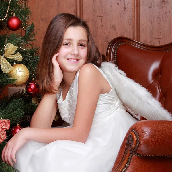 Cute Home Portrait Beautiful Little Girl Angel Christmas Decoration Stock Photo