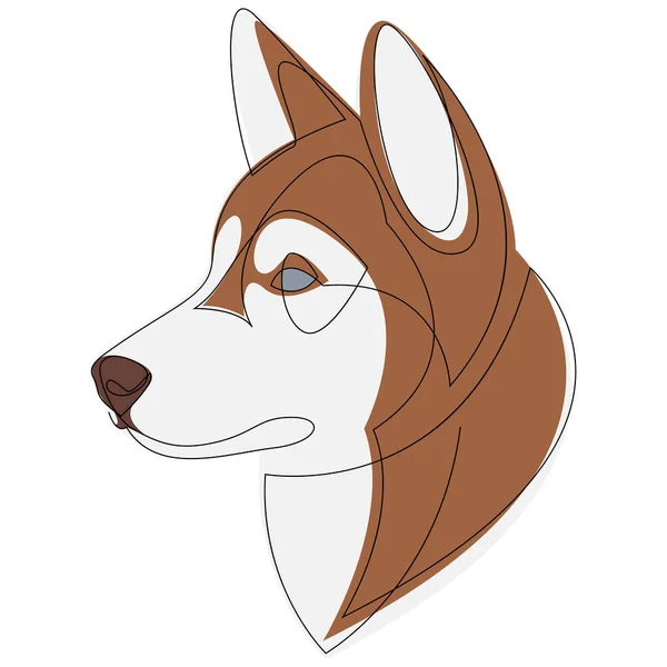 Siberian Husky Dog Porträt. Durchgehende Linie. Hundeleine ziehen. Vektorillustration mit Farbe. — Stockvektor