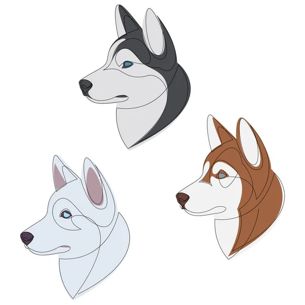 Sibirische verschiedene Husky-Farben eingestellt. Hundeporträtsammlung. Hund kontinuierliche Linienzeichnung. Vektorillustration — Stockvektor